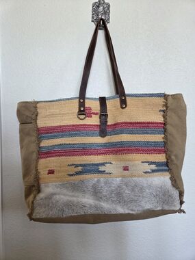 Myra Bag Striped Boho Tote with Haircalf Accent - Brown, Red, Blue